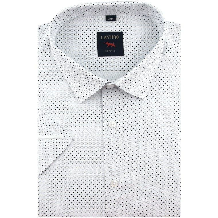 Duża Koszula Męska Elegancka Wizytowa do garnituru biała we wzorki z kieszonkami z klapą z krótkim rękawem Duże rozmiary Laviino P561