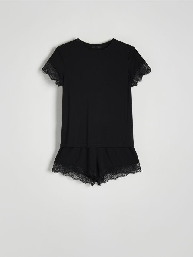 Reserved - Dwuczęściowa piżama z koronką - czarny
