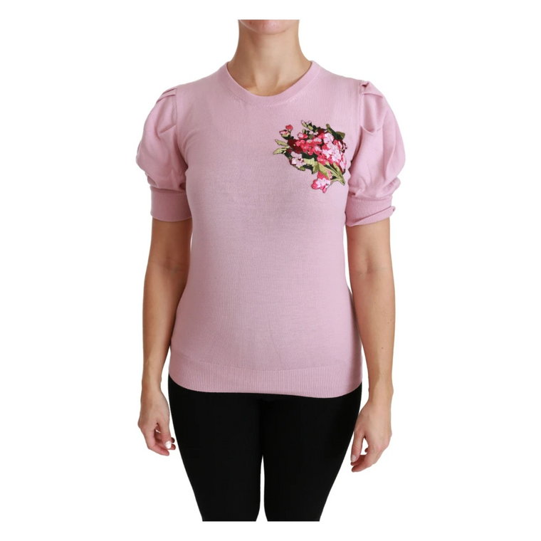 Różowy Kwiatowy Haftowany Sweter Top Dolce & Gabbana