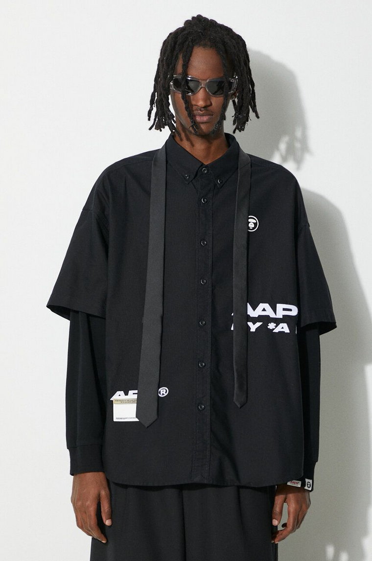 AAPE koszula bawełniana Long Sleeve Shirt Mock Layer męska kolor czarny relaxed z kołnierzykiem button-down AST8464