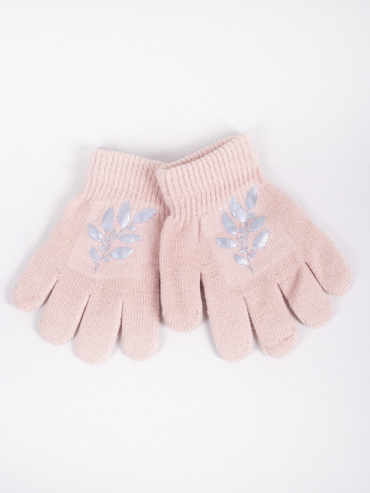 Rękawiczki dziewczęce pięciopalczaste z odblaskiem różowe z roślinką 18