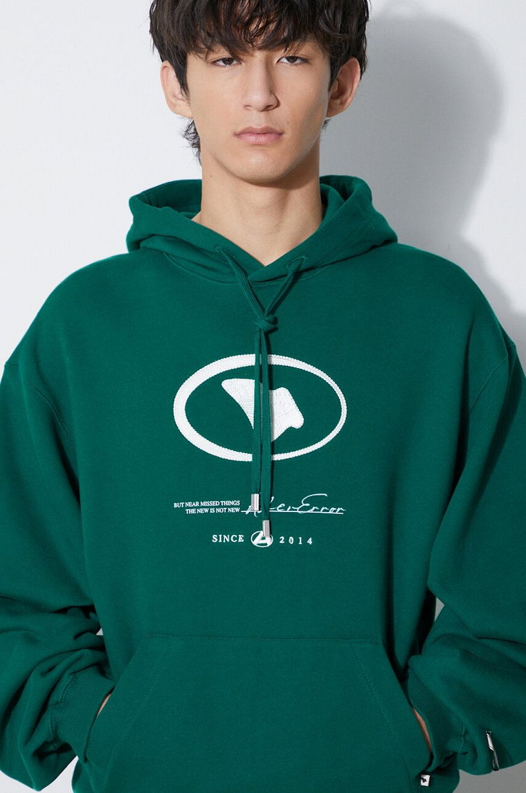 Ader Error bluza bawełniana Etik Logo Hoodie męska kolor zielony z kapturem z nadrukiem BMADFWHD0101