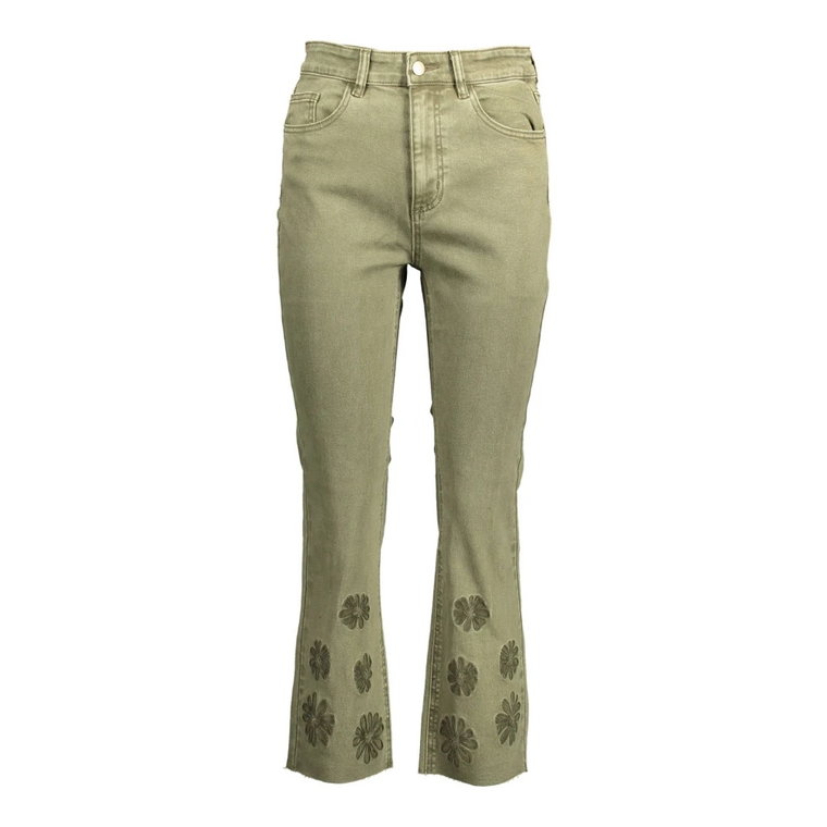 Zielone jeansy z bawełny z haftem i kontrastującymi detalami Desigual