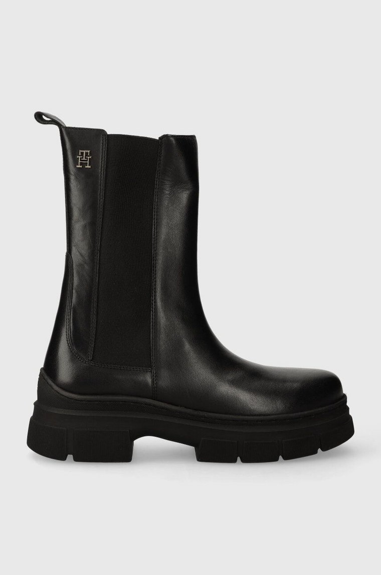 Tommy Hilfiger sztyblety skórzane ESSENTIAL LEATHER CHELSEA BOOT damskie kolor czarny na płaskim obcasie FW0FW07490