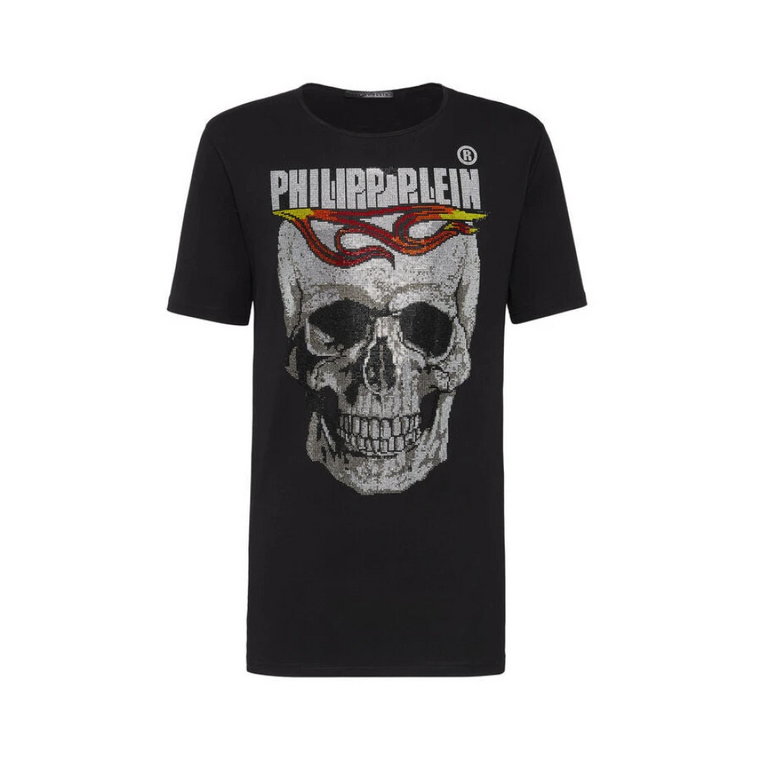 Czarna koszulka z nadrukiem płomienia i kryształową czaszką Philipp Plein