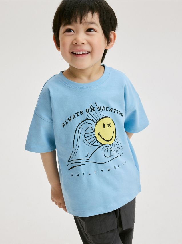 Reserved - T-shirt oversize SmileyWorld - niebieski