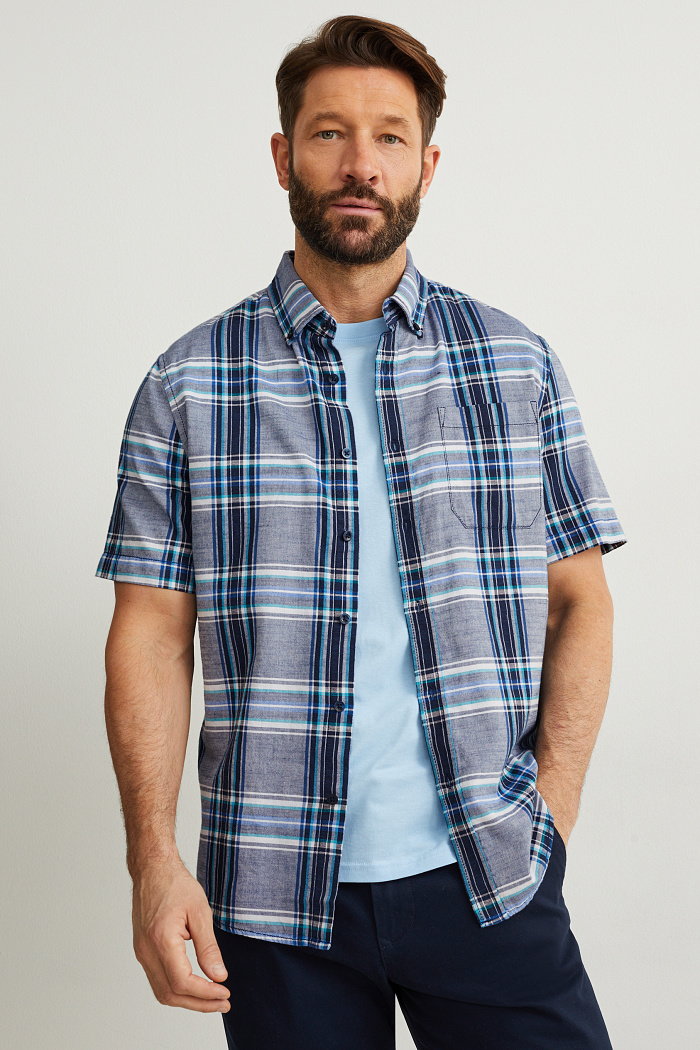 C&A Koszula-regular fit-przypinany kołnierzyk-w kratę, Niebieski, Rozmiar: S