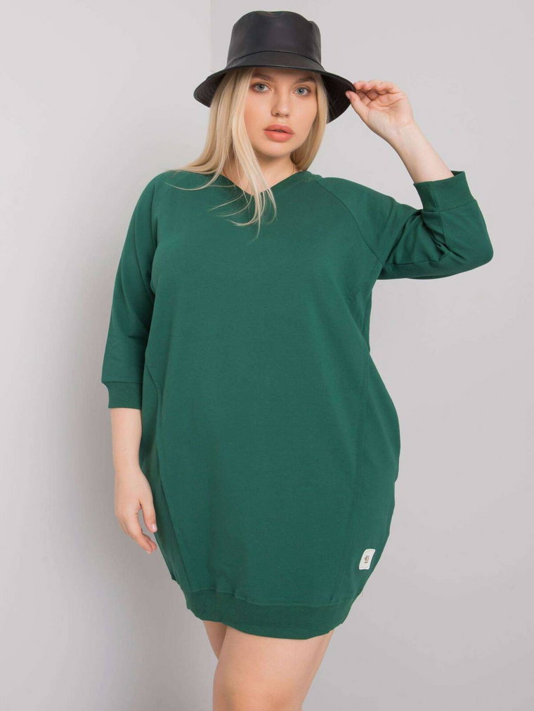 Sukienka plus size ciemny zielony casual dekolt w kształcie V rękaw 3/4 długość mini