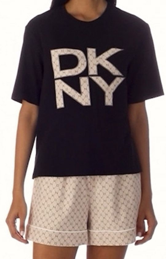 DKNY bawełniana piżama damska z krótkimi rękawami i krótkimi nogawkami YI2522591, Kolor czarno-beżowy, Rozmiar S, DKNY