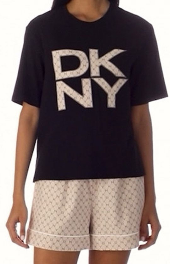 DKNY bawełniana piżama damska z krótkimi rękawami i krótkimi nogawkami YI2522591, Kolor czarno-beżowy, Rozmiar L, DKNY