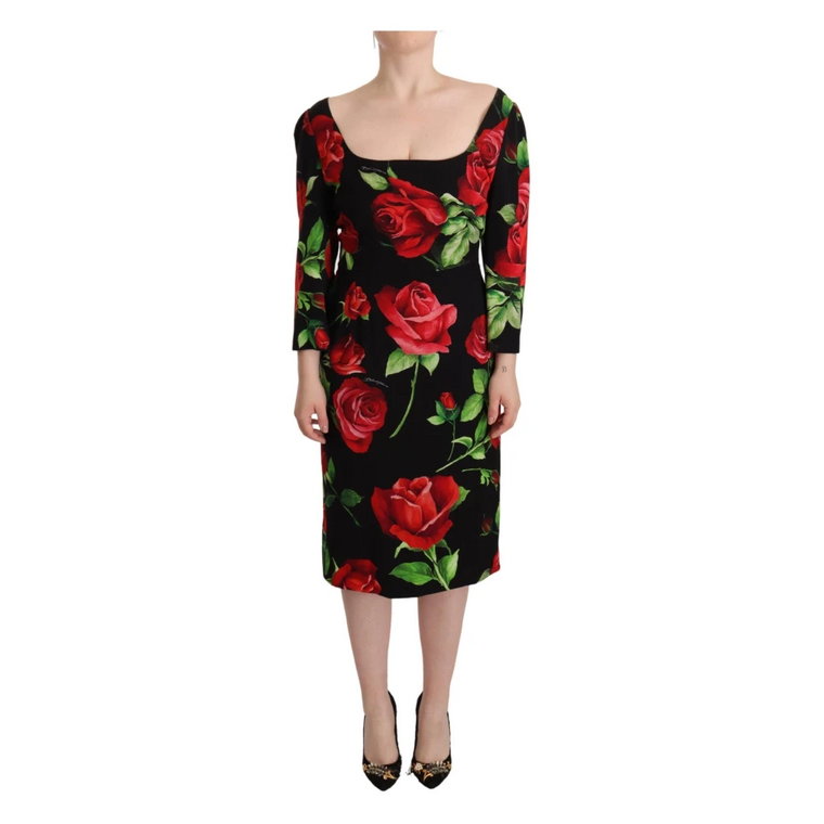 Czarna Czerwone Róże Sukienka Ołówkowa z Jedwabiu z Elastanem Dolce & Gabbana