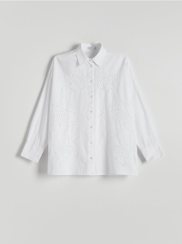 Reserved - Bawełniana koszula z ażurowym haftem - biały