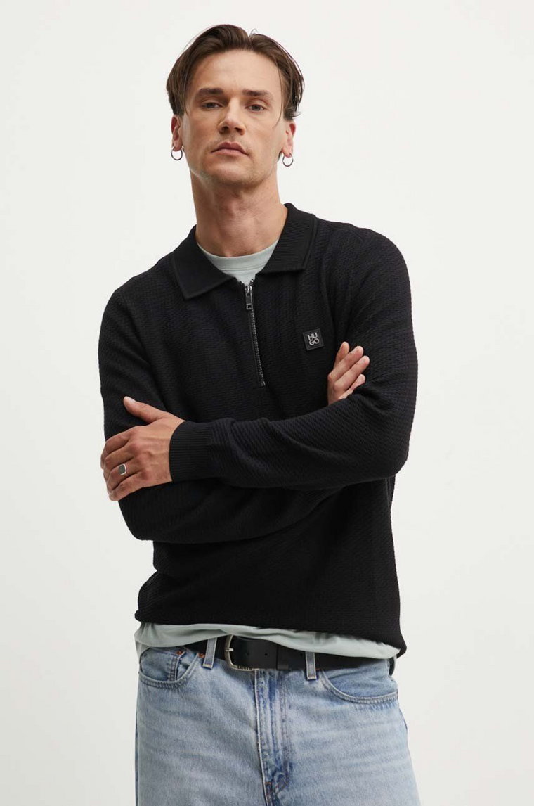 HUGO sweter z domieszką wełny męski kolor czarny lekki 50516640