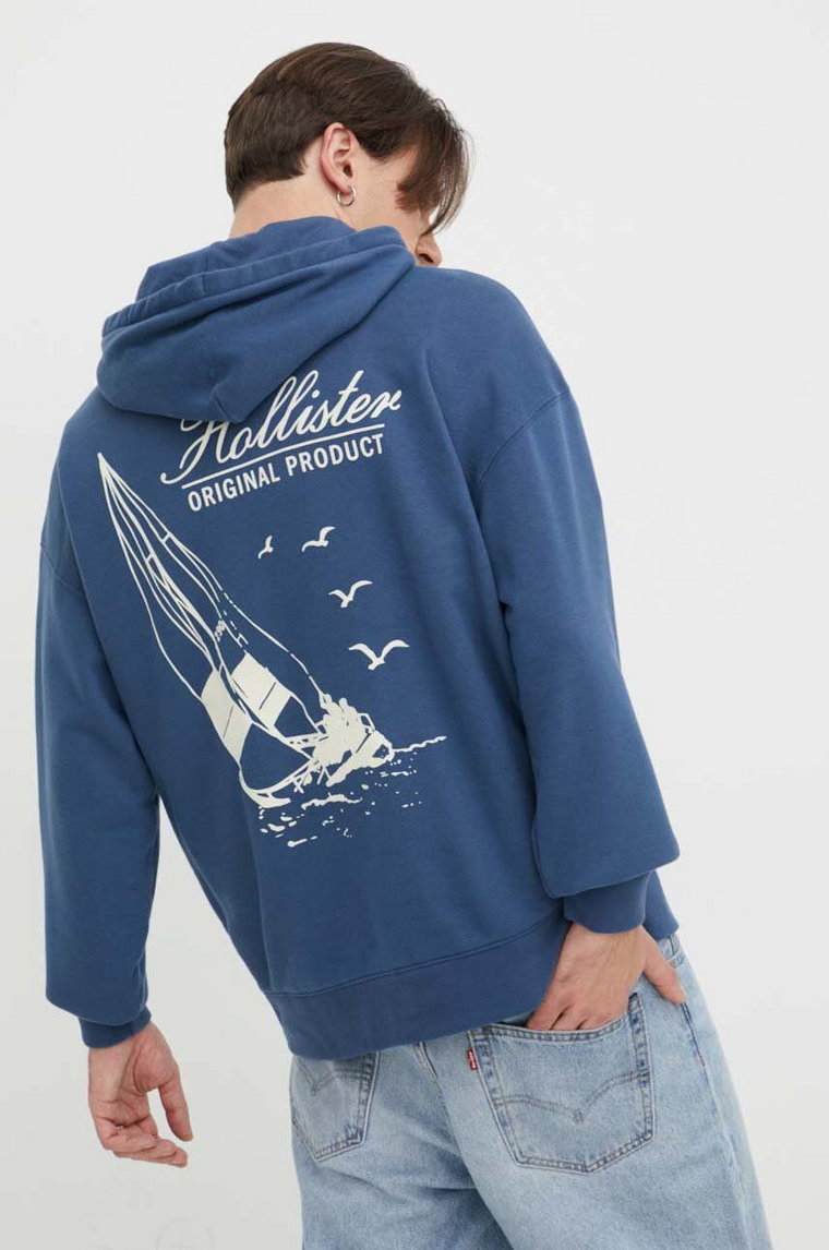 Hollister Co. bluza męska kolor granatowy z kapturem z nadrukiem