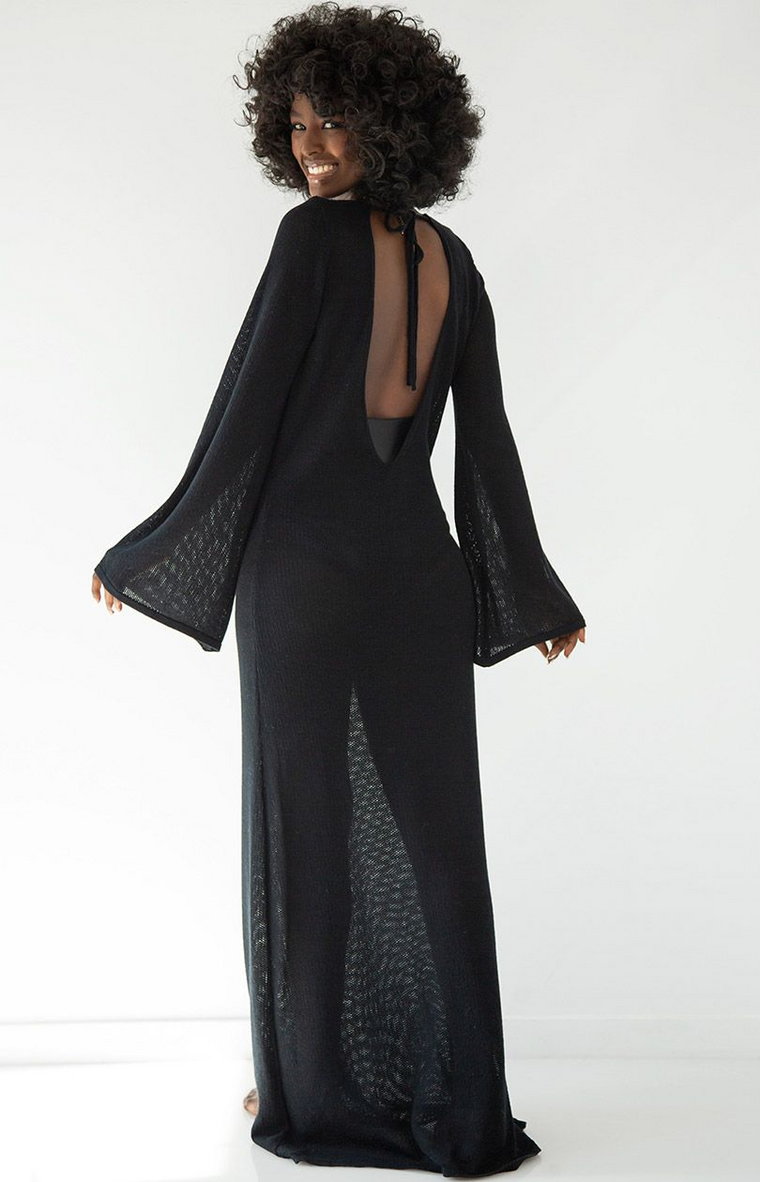 Czarna długa sukienka ażurowa z bawełny F1865, Kolor czarny, Rozmiar S/M, Fobya