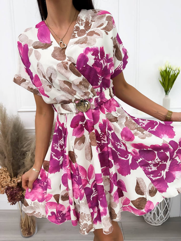 Kremowa Sukienka w Fioletowe Kwiaty