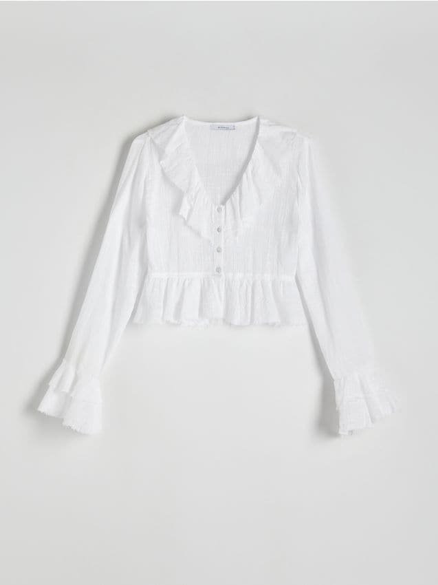 Reserved - Krótka bluzka z falbanami - biały