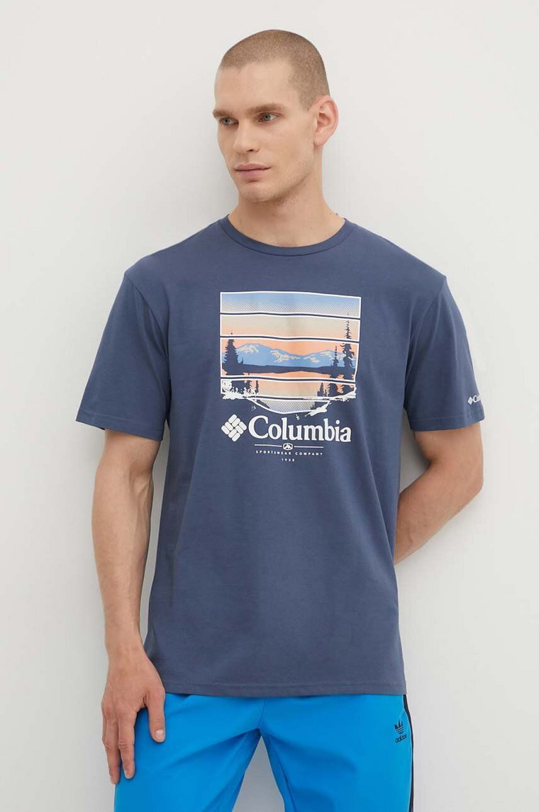 Columbia t-shirt bawełniany Path Lake męski kolor niebieski z nadrukiem 1934814