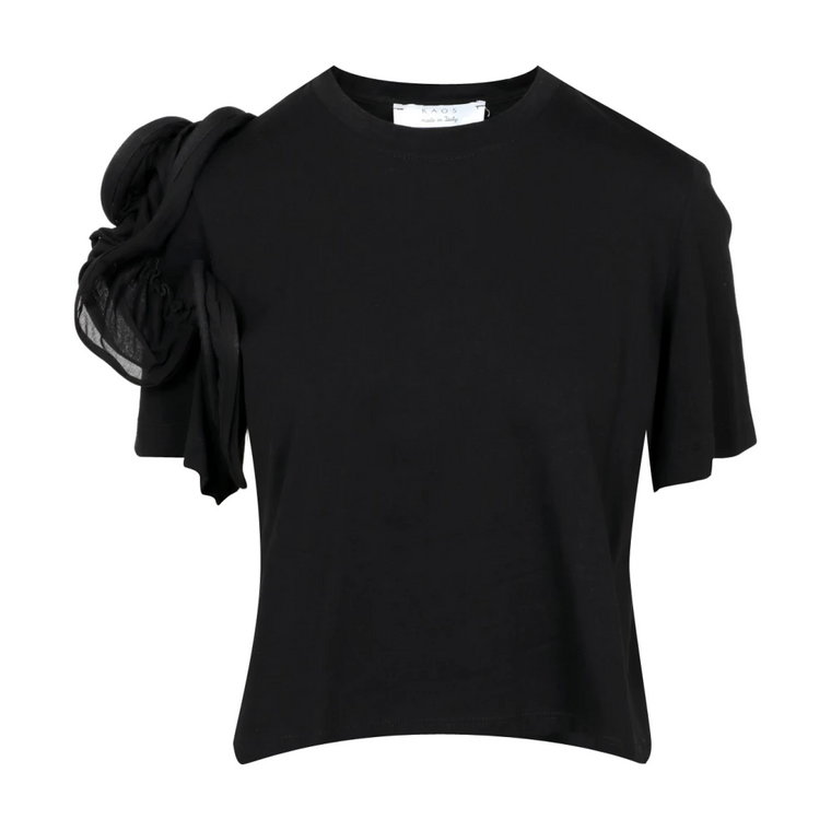 Czarna Bawełniana Koszulka z Okrągłym Dekoltem Kaos