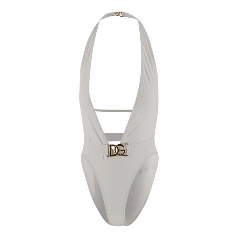Głęboki Dekolt Biały Strój Kąpielowy z Złotym Detalem Paska Dolce & Gabbana