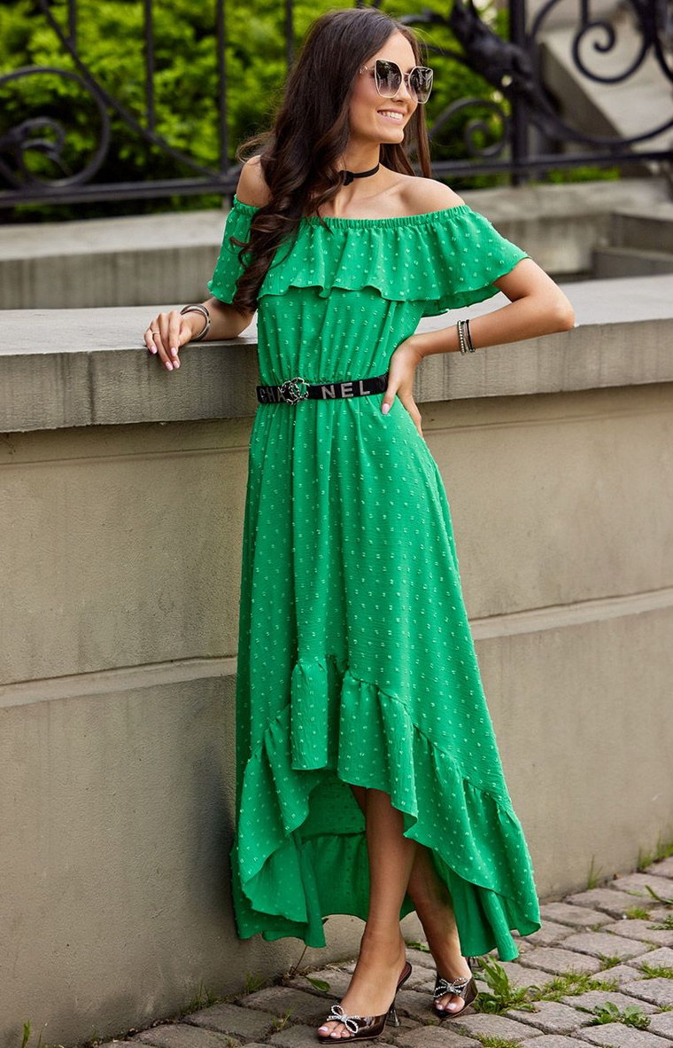 Asymetryczna sukienka hiszpanka maxi zielona Leila, Kolor zielony, Rozmiar 36, Roco Fashion