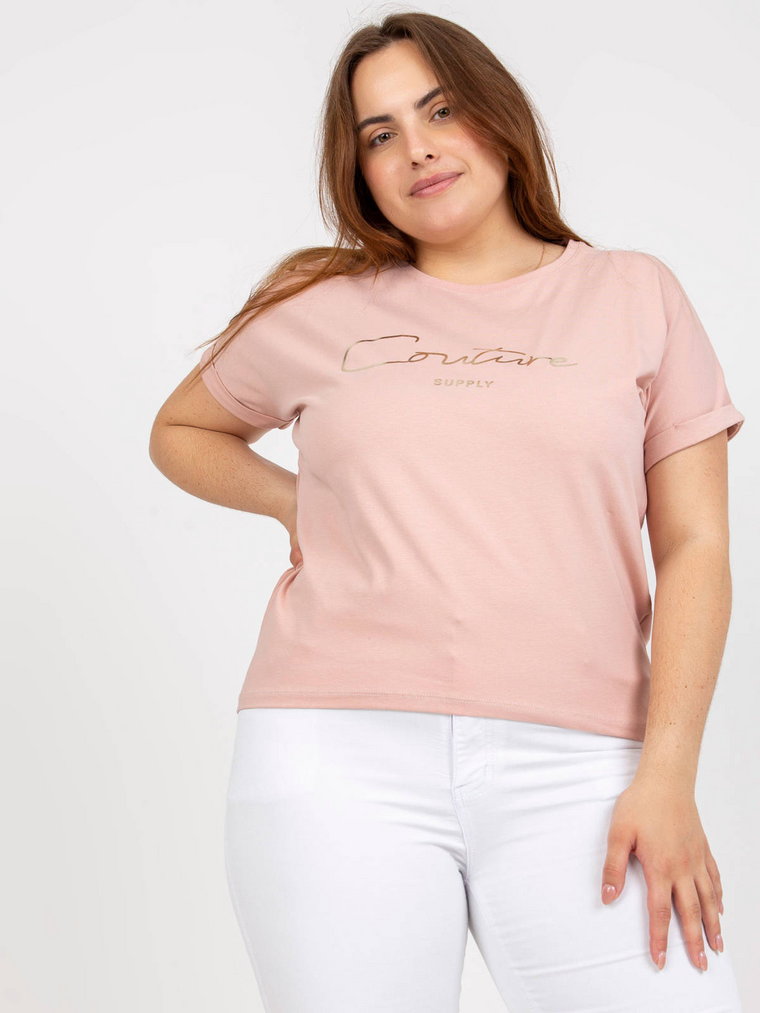 T-shirt plus size jasny różowy casual dekolt okrągły rękaw krótki