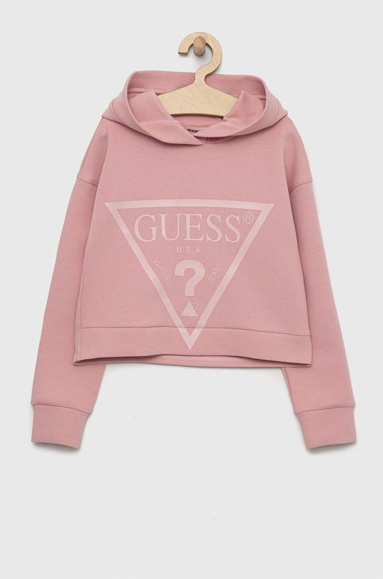 Guess bluza dziecięca kolor różowy z kapturem z nadrukiem