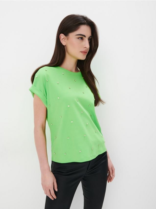 Mohito - Neonowy t-shirt z ozdobnymi elementami - neonowy