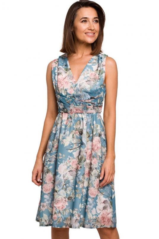 Elegancka sukienka w kwiaty szyfonowa z dekoltem V niebieska