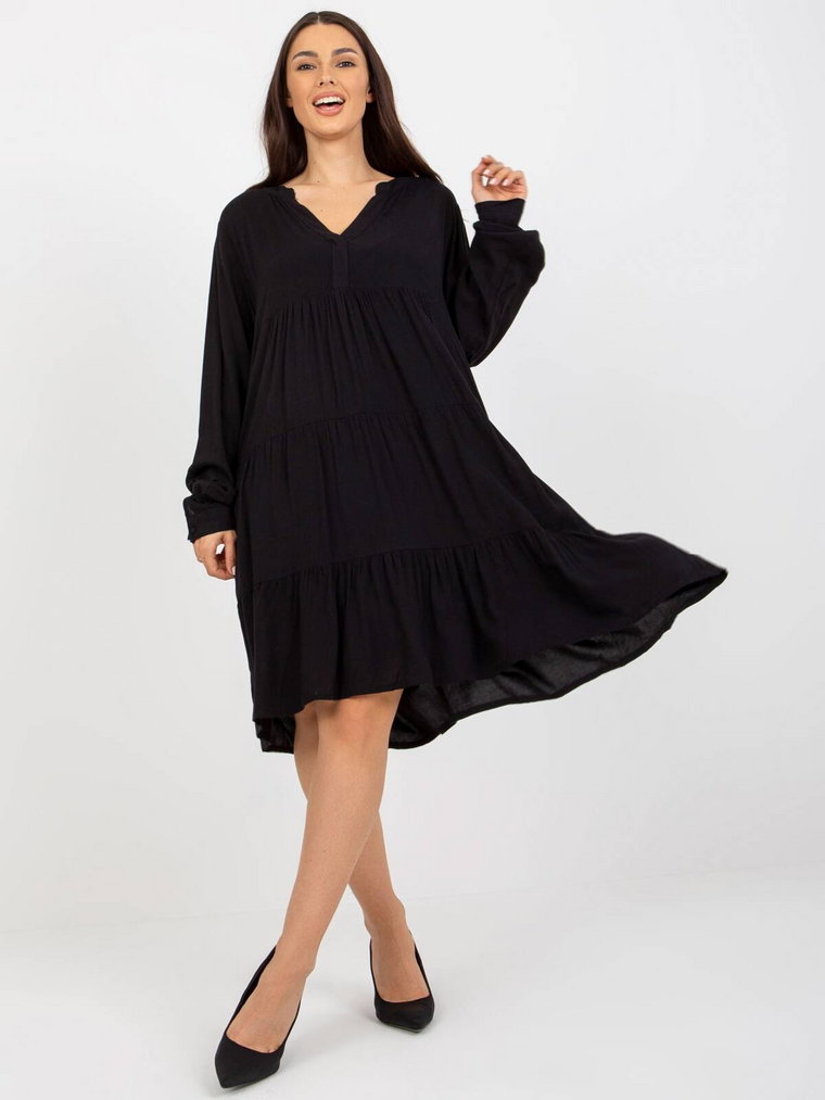 Sukienka z falbaną czarny boho dekolt w kształcie V rękaw długi długość midi falbana odzież ekologiczna