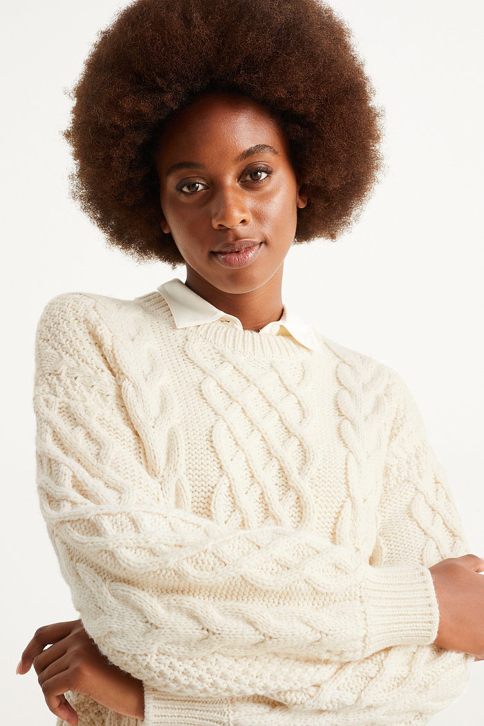 C&A Sweter-warkoczowy wzór, Biały, Rozmiar: M