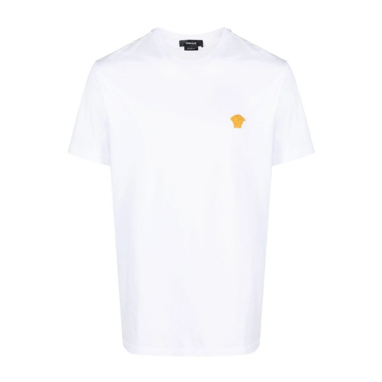 Biała Bawełniana Koszulka z Haftowanym Złotym Logo Meduzy Versace