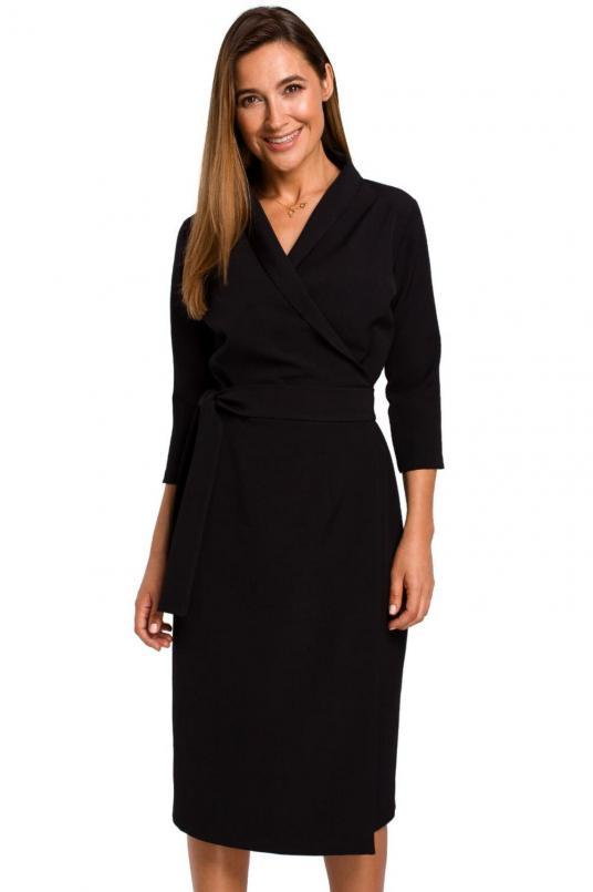 Elegancka sukienka biznesowa kopertowa midi z paskiem w talii czarna