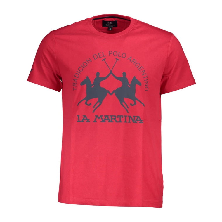 Czerwona Bawełniana Koszulka, Krótkie Rękawy, Regularny Krój, Okrągły Dekolt, Nadruk, Logo La Martina