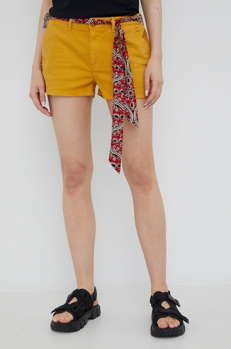 Superdry szorty damskie kolor żółty gładkie medium waist