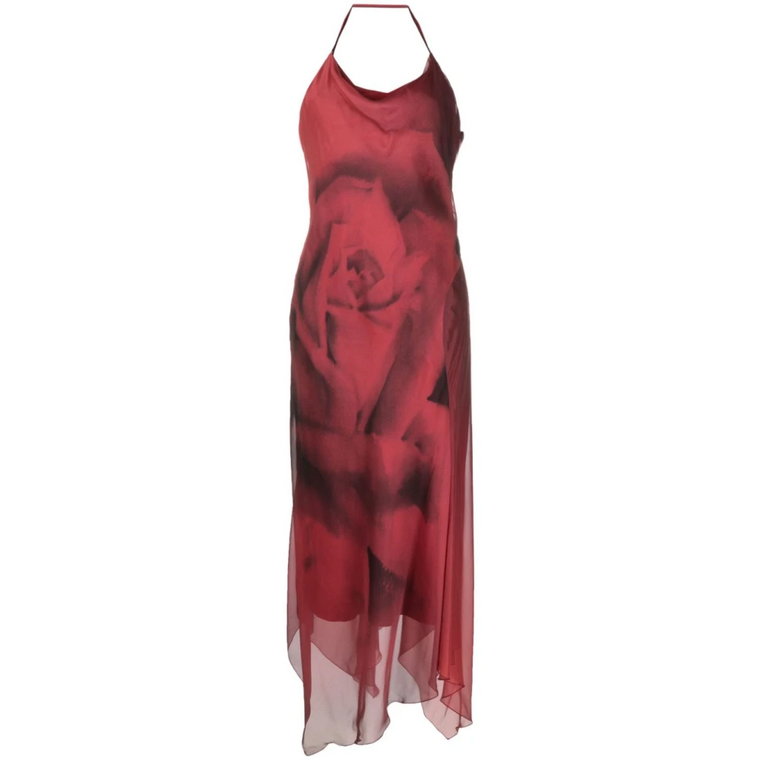 Czerwona Jedwabna Sukienka z Wzorem Róży Alberta Ferretti