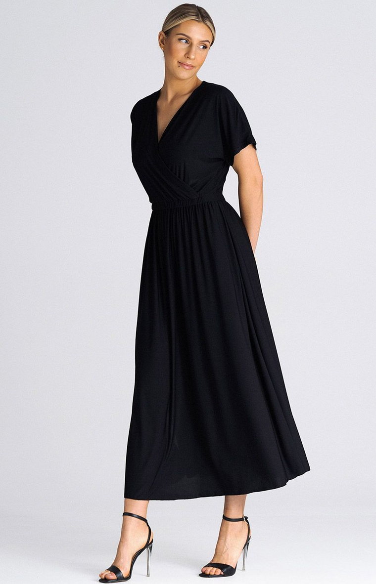 Sukienka długa z kopertową górą czarna M935, Kolor czarny, Rozmiar L/XL, Figl
