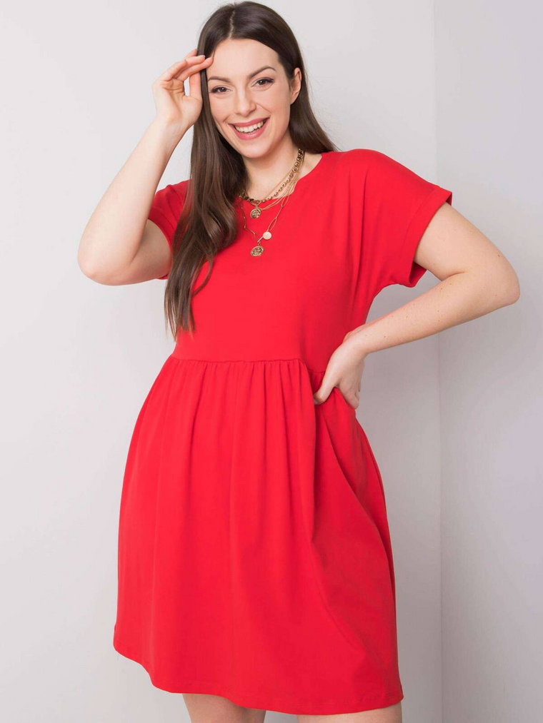 Sukienka plus size czerwony casual codzienna letnia dresowa dekolt okrągły rękaw krótki długość przed kolano marszczenia