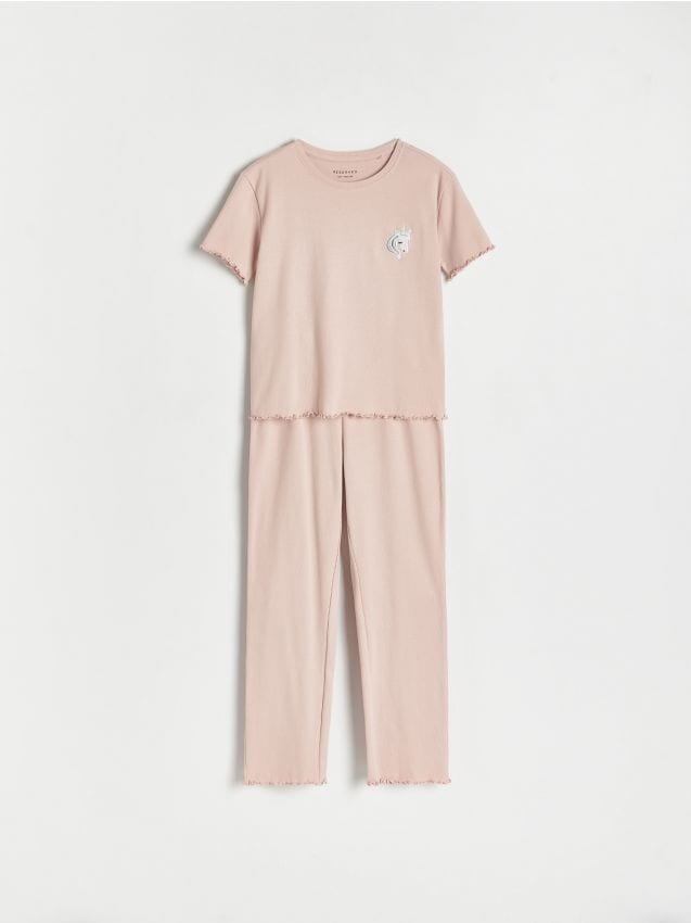 Reserved - Bawełniana piżama w prążek - brudny róż