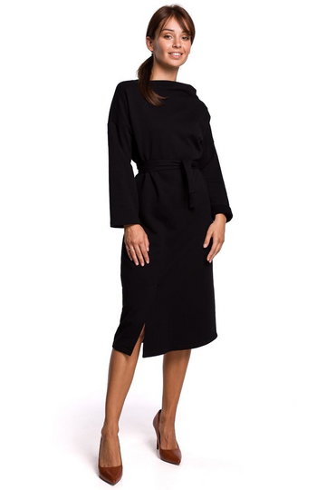 Czarna Sukienka Dzianinowa Midi z Asymetrycznym Dekoltem