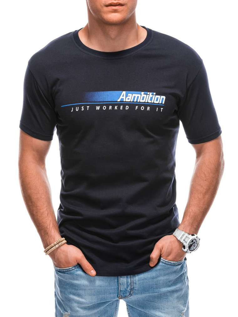 T-shirt męski z nadrukiem S1799 - ciemnogranatowy