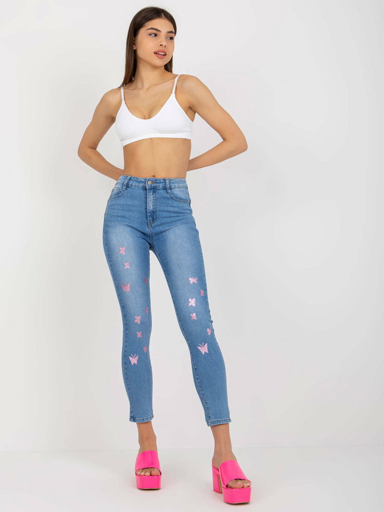 Spodnie jeans jeansowe niebieski casual rurki nogawka zwężana suwak guziki