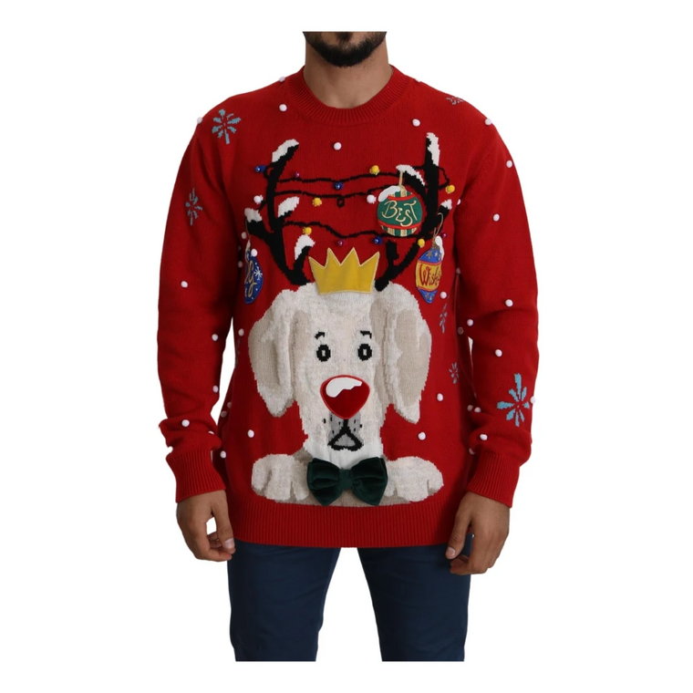 Red Christmas Dog Pullover Cashmere Sweater Dolce & Gabbana