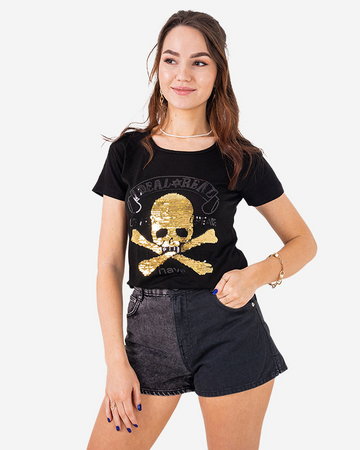 Czarny damski t-shirt z cekinami i napisami - Odzież
