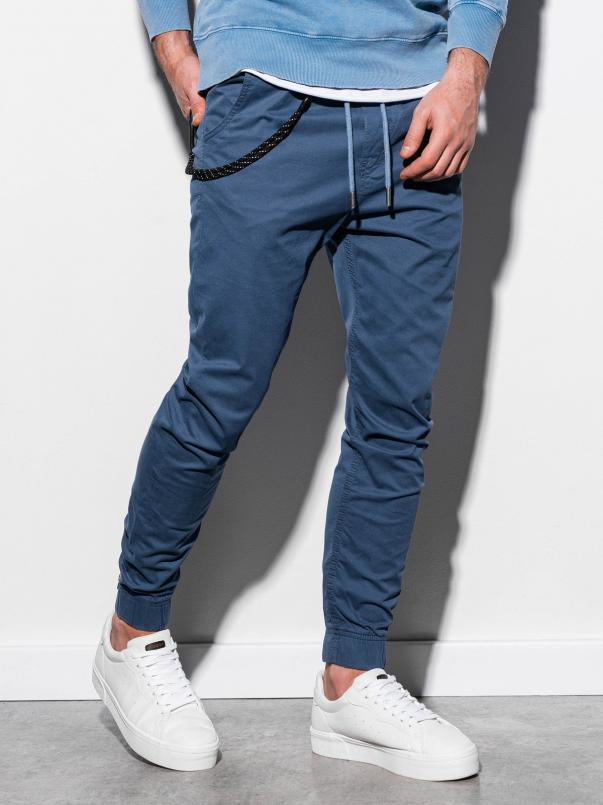 Spodnie męskie materiałowe JOGGERY z ozdobnym sznurkiem - niebieskie V10 P908
