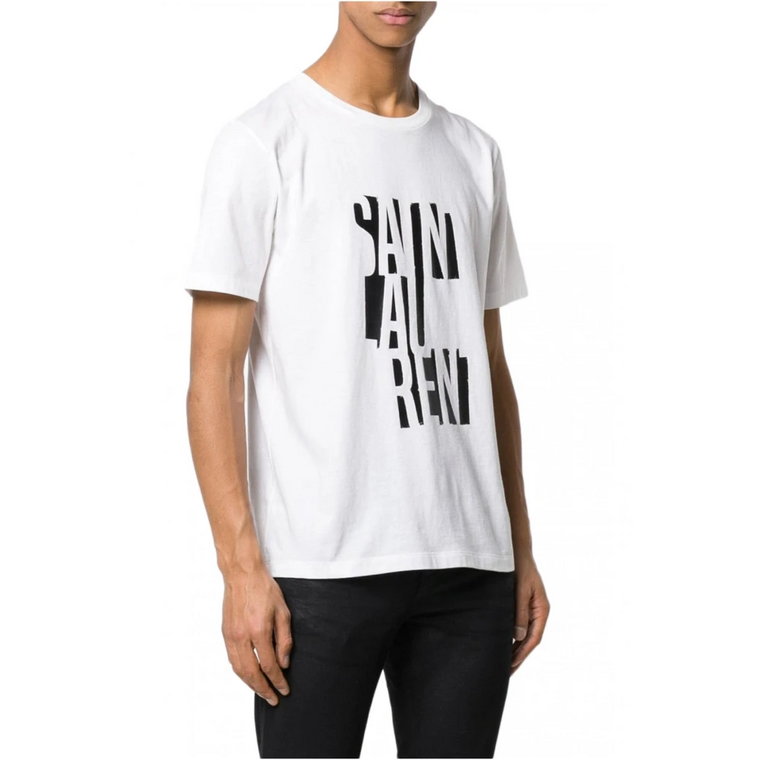 Bawełniany T-shirt z logo - Biały Okrągły Dekolt Krótki Rękaw Saint Laurent