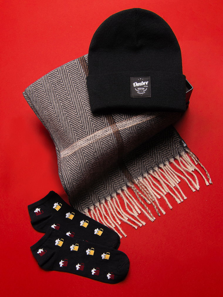Zestaw prezentowy dla niego - brązowo/kremowy szalik + czarna zimowa czapka + skarpety we wzory Z67