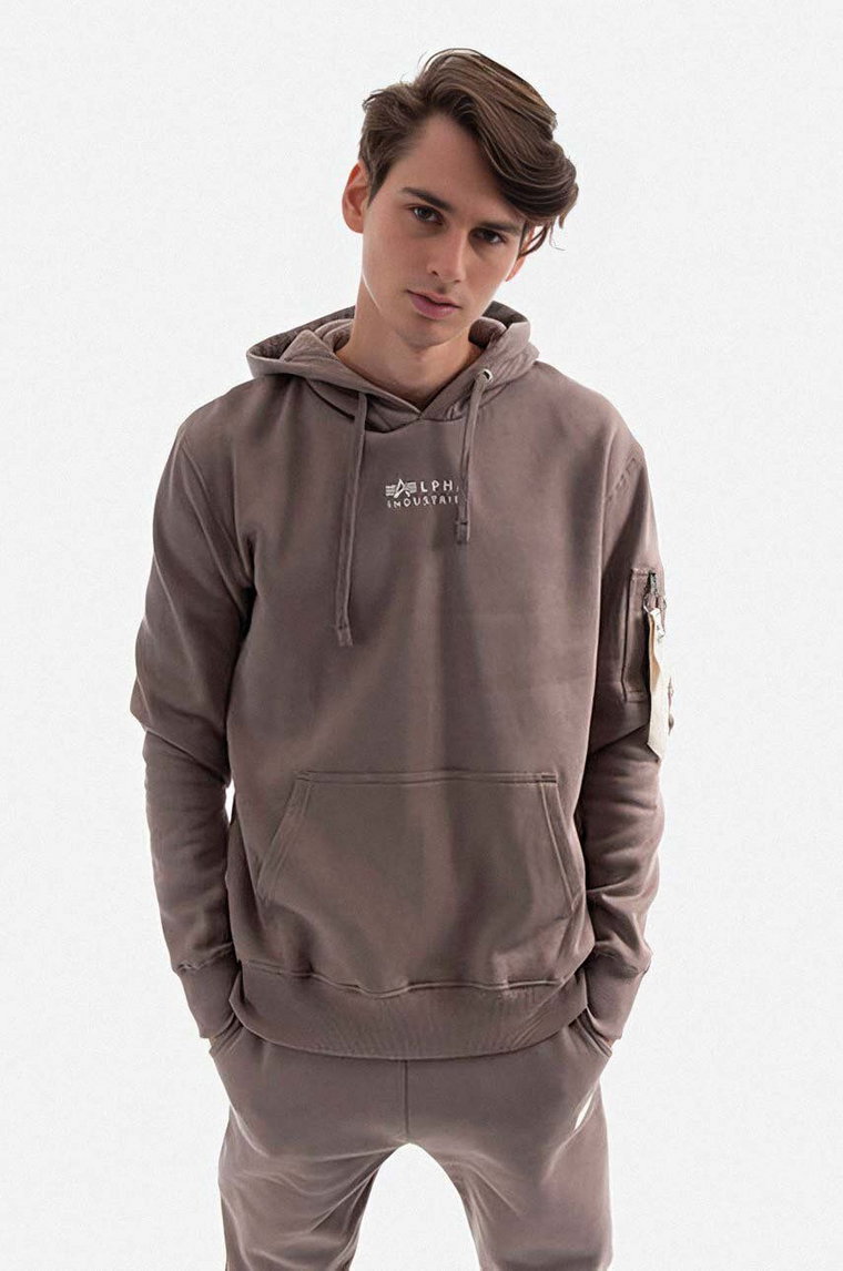 Alpha Industries bluza bawełniana Organics EMB Hoody męska kolor beżowy z kapturem z aplikacją 118350.628-KREMOWY