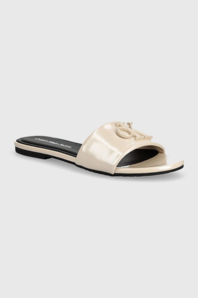 Calvin Klein Jeans klapki FLAT SANDAL SLIDE MG MET damskie kolor beżowy YW0YW01348