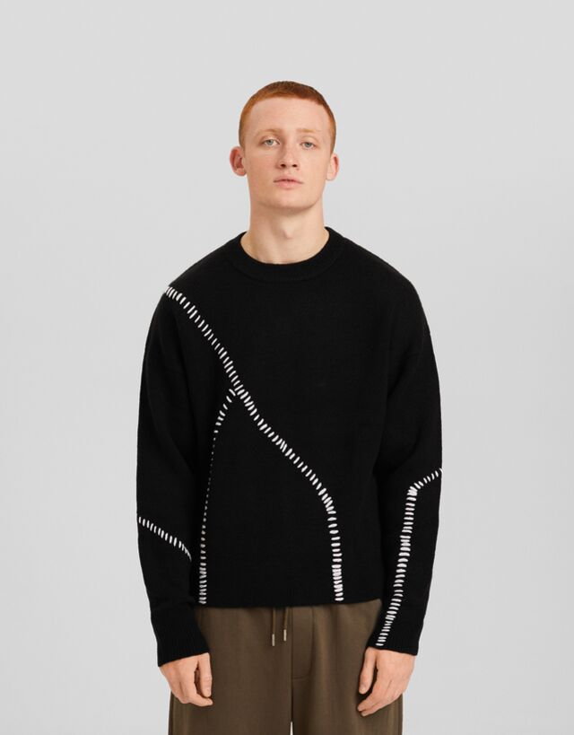 Bershka Sweter Z Kontrastowymi Przeszyciami Mężczyzna L Czarny